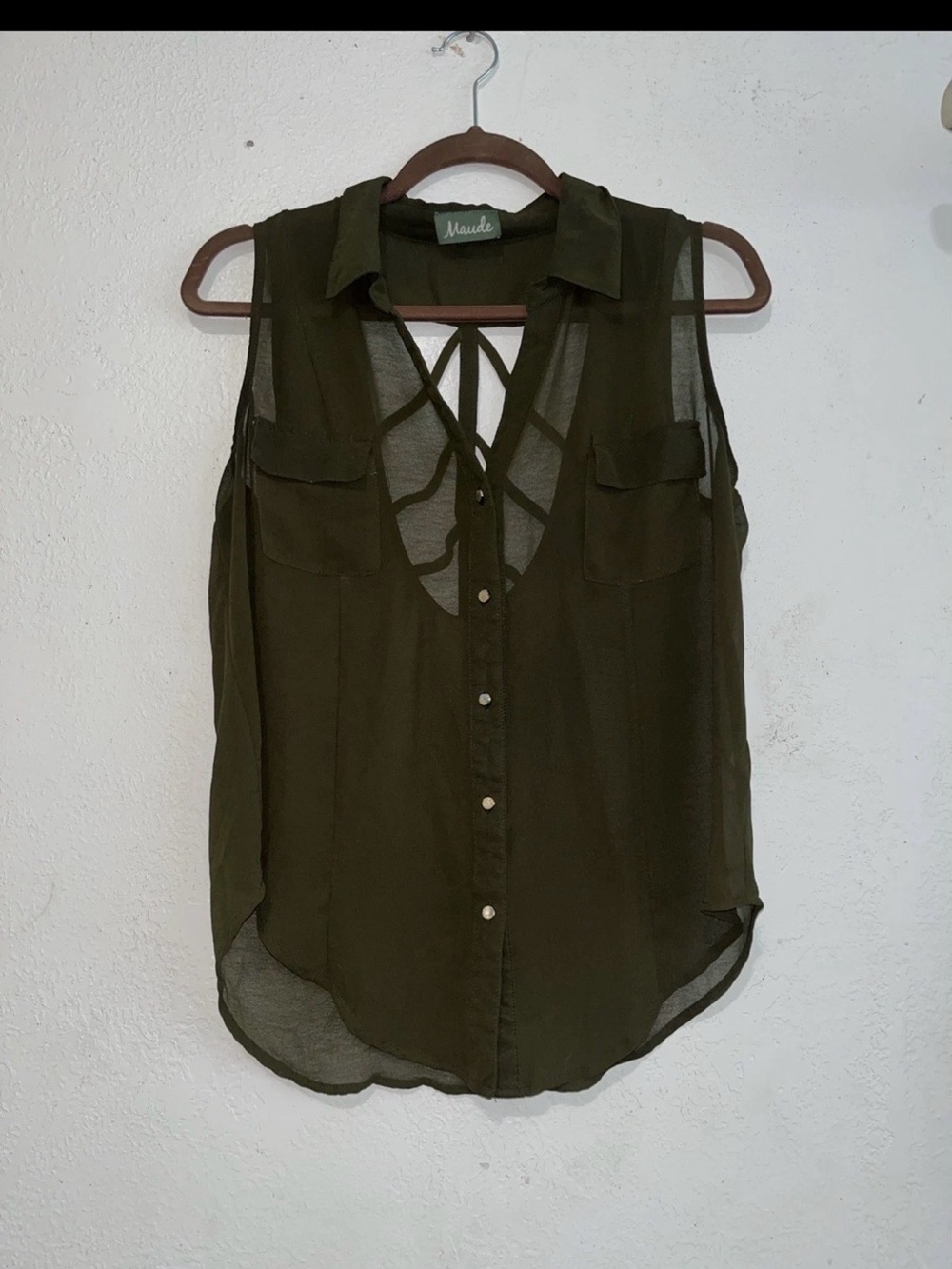 Maude Sheer Caged Strappy Sleeveless Blouse sheer/ pockets Y2K Sz L